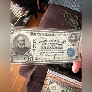 1905 Horse blanket, Vintage $5 Banknote from 1905. National bank of St Louis
